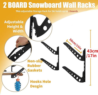 2 Board Snowboard Wall Racks, Adjustable Storage Rack for Ski, Surfboard, Wakeboard, Snowboard Wall Mount Display, Black
