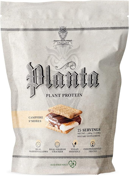 Ambrosia Planta - Premium Plant-Based Protein | Vegan & Keto Friendly | Gourmet Flavors with No Bloating or Stomach Upset | Gluten & Soy Free | No Added Sugar | 25 Servings | Campfire Smores