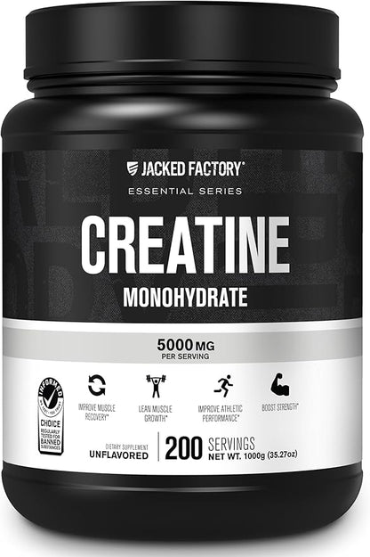 Jacked Factory Creatine Monohydrate Powder 1000g - 5g Daily Creatine Supplement for Men and Women, Vegan-Friendly, Third-Party Tested - 200 Servings, Unflavored