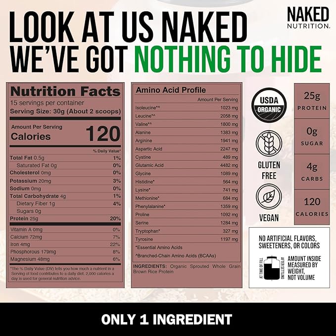 Naked Rice 1Lb - Organic Brown Rice Protein Powder - Vegan Protein Powder, GMO Free, Gluten Free & Soy Free. Plant-Based Protein, No Artificial Ingredients - 15 Servings