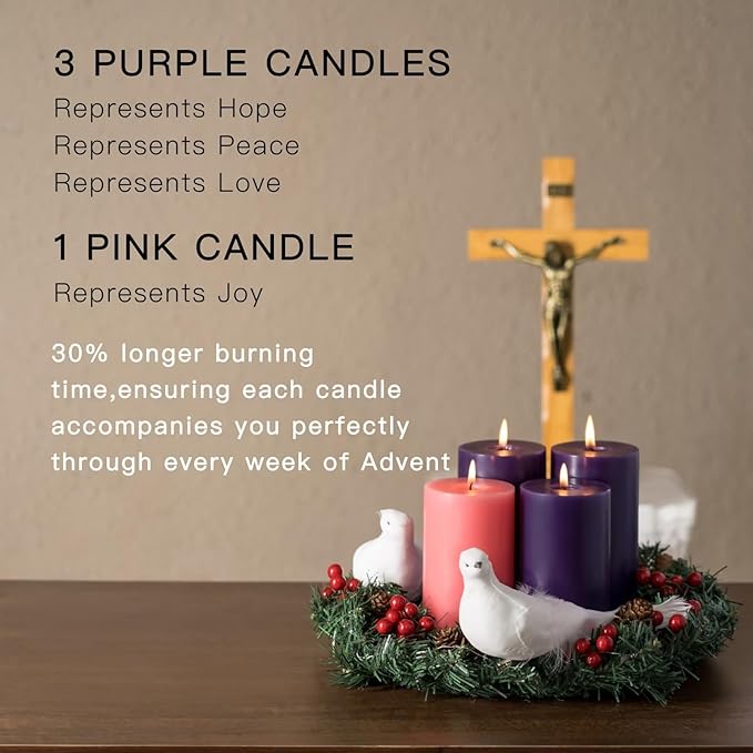 MOZEAL 3" x 6" Hand-Poured, Unscented Pillar Candles. Each Offers Approx 115 Hours of Clean, Long-Lasting Burn Time. Dripless Candles Set of 4, Ideal for Advent Wreath