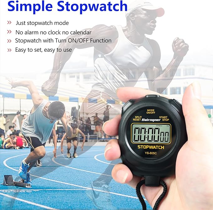 Stopwatch Timer with Countdown, ON/Off Simple Operation No Clock No Date, Digital Stop Watch for Sports, Black