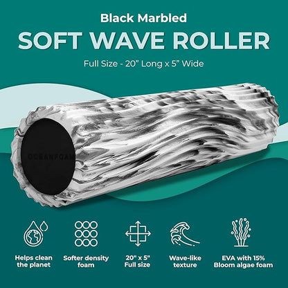 Oceanfoam Soft Tidal Roller (Black Marbled) - Low Density Foam Roller for Physical Therapy, Back Pain, Excercise & Stretching - Wave Textured - Yoga, Athletics, & Wellness - Full Size, 20" x 5"