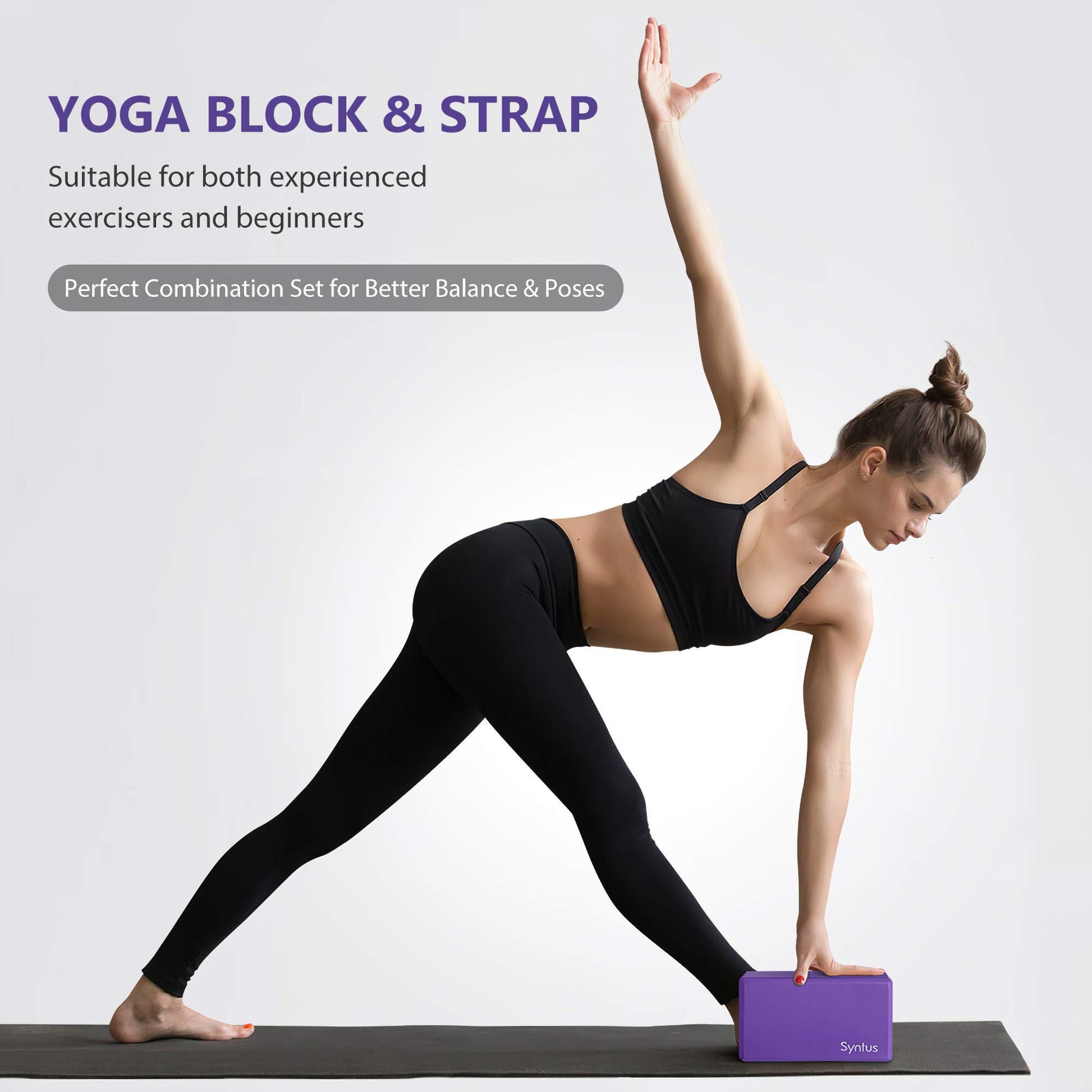 Syntus Yoga Block and Strap Set, 2 EVA Foam Soft Non-Slip Blocks 9×6×4 inches, 8FT Metal D-Ring