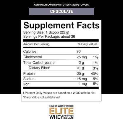 Select Proformance Elite Whey Protein Isolate Powder, Chocolate, NSF Certified, No Added Sugar, 20g of Protein per Serving, 36 Servings, 2 Lbs