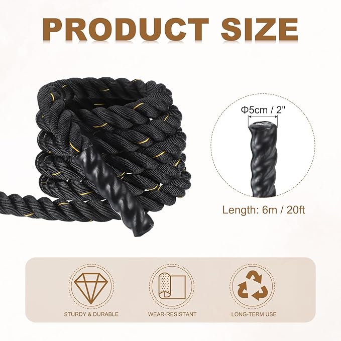 MECCANIXITY Battle Rope 20ft x 2 Inch Polyester Workout Rope Heavy Fitness Exercise Rope for Strength Training Home Gym Muscle Building, Black Yellow