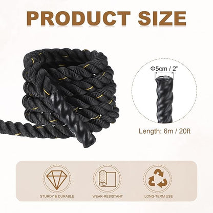 MECCANIXITY Battle Rope 20ft x 2 Inch Polyester Workout Rope Heavy Fitness Exercise Rope for Strength Training Home Gym Muscle Building, Black Yellow