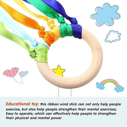 12 Pcs Rainbow Ribbon Wooden Waldorf Toys Creative Waldorf Hand Kite Set Streamers with Wood Ring Sensory Learning Educational Toy for Playroom Dancing Birthday (Bright Color)