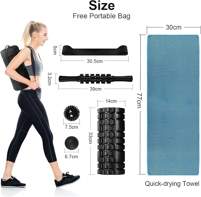 6 in 1 Foam Roller Set Includes Hollow Core Massage Roller, Yoga Stick, Massage Ball, Fitness Stretching Strap, Carrying Bag, Towel, Massage Roller (Black)