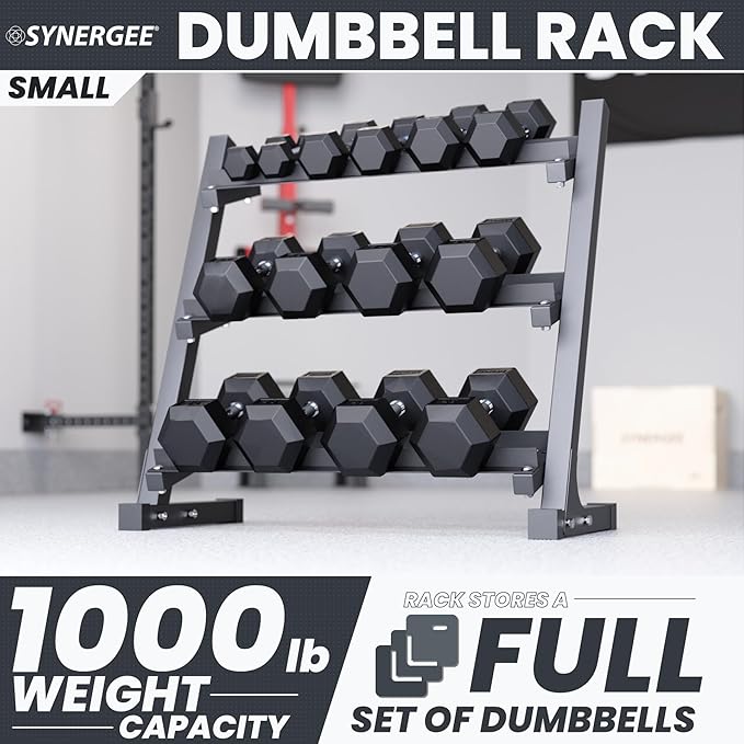 Synergee Dumbbell Rack for Home Gym – 3 Tier Adjustable Weight Rack for Dumbbells – Space-Saving Storage Shelf – Available in 38" or 46" – Heavy Duty Steel Frame – Easy Assembly
