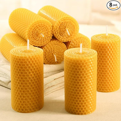 8 Packs Hand-Rolled Beeswax Candles, Handcrafted Honeycomb Beeswax Pillar Candles, Natural Bee Farm Gifts for Candle Lovers,Home Decor, Air Purify (2x4 in)