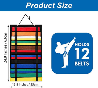 Karate Belt Display Rack 12 Belts Holder, High-Density Felt Fabric Taekwondo Belt Display with Reinforced Elastic LoopsTaekwondo, Martial Arts Belt Display Wall Mount Felt Foldable