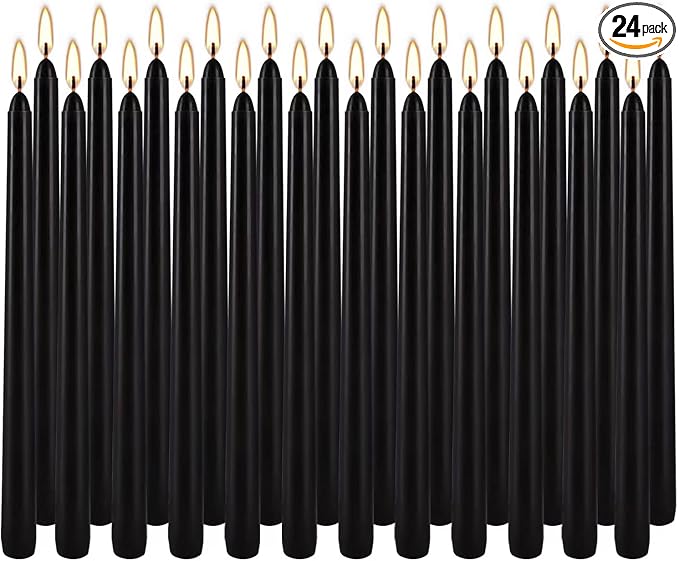 24 Pack Black Taper Candles, 7-8 Hours Burn Time, Unscented, Smokeless and Dripless, 0.75 x 10 Inch Dinner Candle Set for Halloween, Household, Wedding, Party and Home Décor Candlesticks
