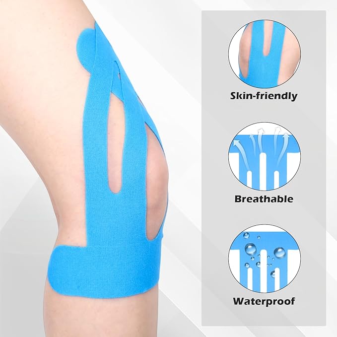12 Pcs Precut Kinesiology Tape for Knees，Knee Tape for Knee Pain Relief Pre Cut，Waterproof, Breathable, Hypoallergenic Athletic Tape for Support and Protection (Blue)