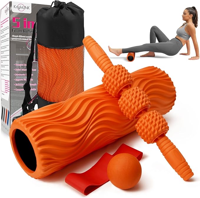 5-in-1 Foam Roller Set, Massage Roller Stick, Massage Ball, Resistance Band for Deep Muscle Massage, Trigger Point Release, Pilates, Yoga (Orange-Wave)