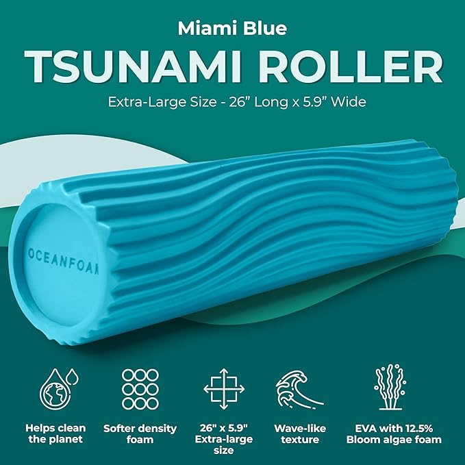 Oceanfoam Tsunami Roller (Miami Blue) - Soft, Textured Foam Roller for Physical Therapy, Back Pain, Exercise & Stretching - Wave Textured - Yoga, Athletics, Wellness - Extra-Large 26" x 5.9"