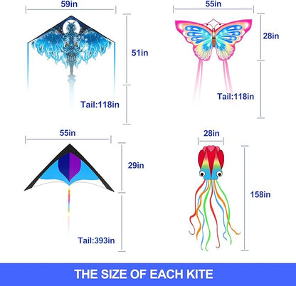 Mint's Colorful Life Kite Set for Kids and Adults, Easy to Fly Butterfly Delta Airplane Dragon Octopus Kite, Large Beach Kites Kits with 300ft String, Best for Gifts & Family Outings