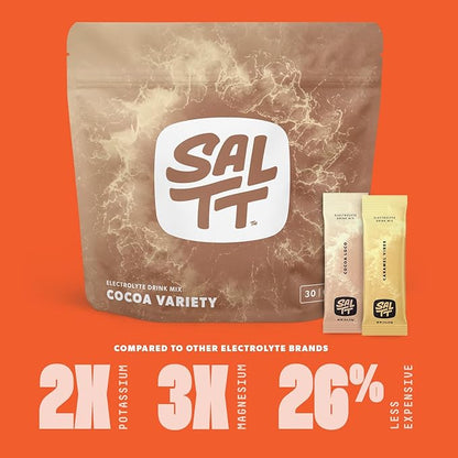 SALTT Electrolytes Powder Packets, Cocoa Variety Pack (30 Packets) - Magnesium, Potassium, Sodium, Trace Minerals - Vegan, Sugar Free, Gluten Free - Travel Essentials - Made in USA
