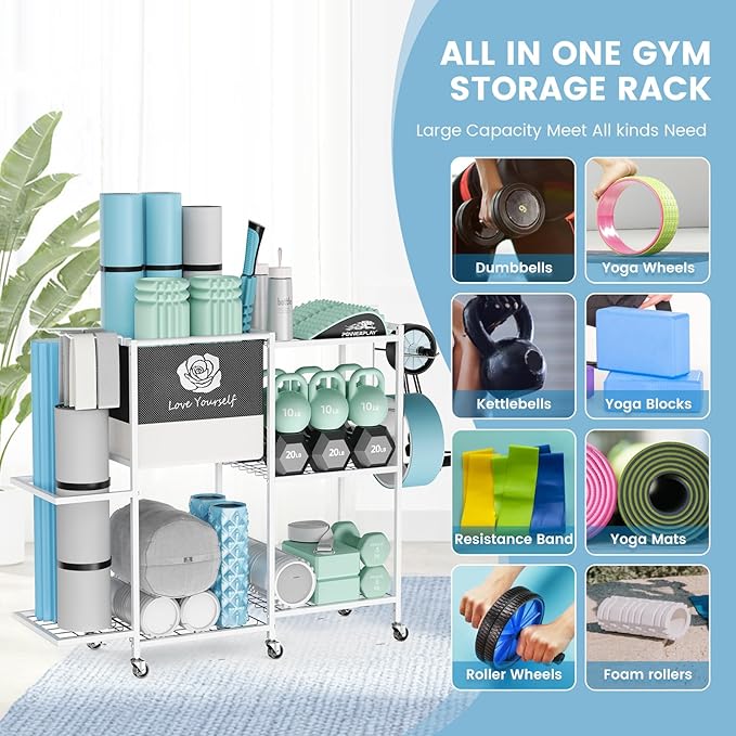 Yoga Mat Storage Rack，Home Gym Storage Rack Gym Workout Equipment Storage Organizer Fitness Weight Rack on Wheels for Yoga Mat,Yoga Block,Foam Roller,Resistance Band,Dumbbell,Kettlebell and Other Workout Accessories