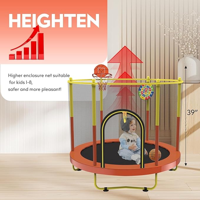 72" Trampoline for Kids with Net,6 FT Indoor & Outdoor Small Toddler Trampoline with Basketball Hoop & Dart Board for Ages 1-8, Birthday Gifts for Boys & Girls, Baby Toddler Christmas Toys