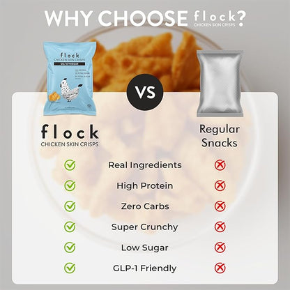 Flock Keto Chicken Skin Chips | Salt and Vinegar Flavor | Low Carb, High Protein, Sugar Free, Gluten Free Fried Chicken Skins for People | (2.5oz) 4-Pack Crispy Flock Chips