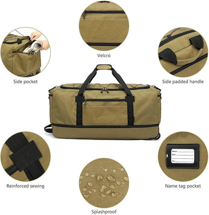 Laripwit Collapsible Duffle Bag with Wheels 130-170L Extra Large Expandable Travel Duffel Bag for Men Women Heavy Duty Military Duffle Bag for Camping Rolling Foldable Carry On Luggage, Brown