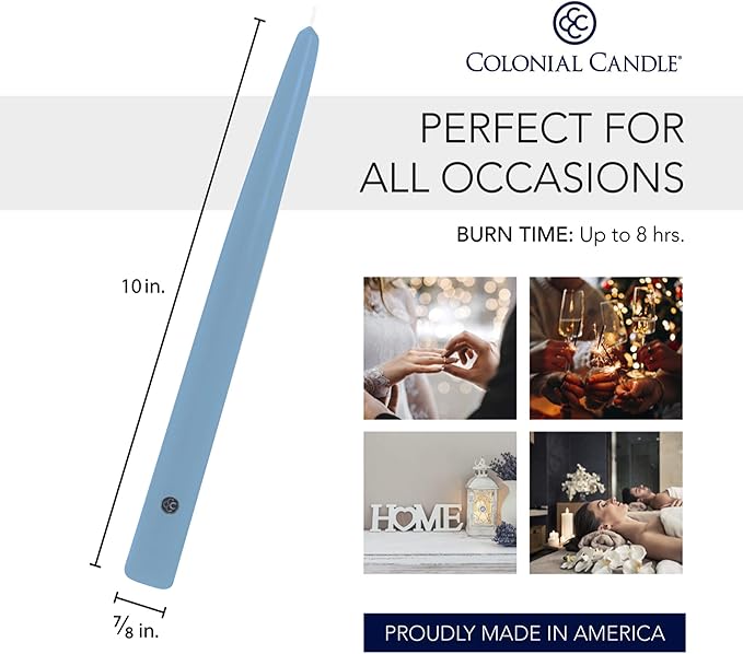 Colonial Candle Unscented Taper Candle, Handipt Collection, Coastal Blue, 10 in, Pack of 12 - Up to 8 Hours Burn