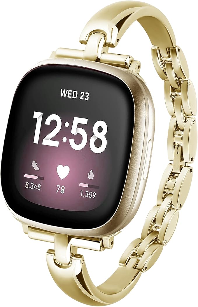 Silm Metal Band Compatible with Fitbit Versa 4/Fitbit Sense 2 Band Cute Women, Bling Jewelry Strap Replacement Compatible for Fitbit Sense/Versa 3 Women (Gold)