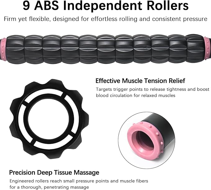Muscle Roller Stick for Athletes - Deep Tissue Fascia Blaster & Roller Massager for Myofascial Pain Relief - Handheld Physical Therapy & Recovery Tool(Pink black-18 inch)