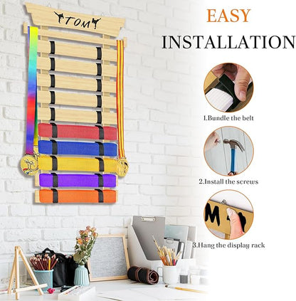 10 Belts Karate Belt Display Rack with Stickers, Taekwondo Belt Display, Martial Arts Belt Display Holder, Jiu Jitsu BJJ Belt Display Hanging Holder for Kids and Adults Gifts