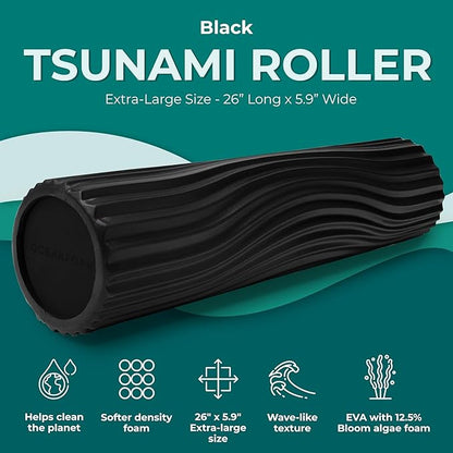 Oceanfoam Tsunami Roller (Black) - Soft, Textured Foam Roller for Physical Therapy, Back Pain, Excercise & Stretching - Wave Textured - Yoga, Athletics, & Wellness - Extra-Large, 26" x 5.9"