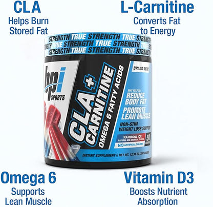 BPI Sports CLA+Carnitine ??CLA L Carnitine & Linoleic Acid ??L Carnitine Supplement for Weight Loss, Metabolism & Lean Muscle ??Caffeine Free ??Rainbow Ice ??50 Servings ??12.34 oz