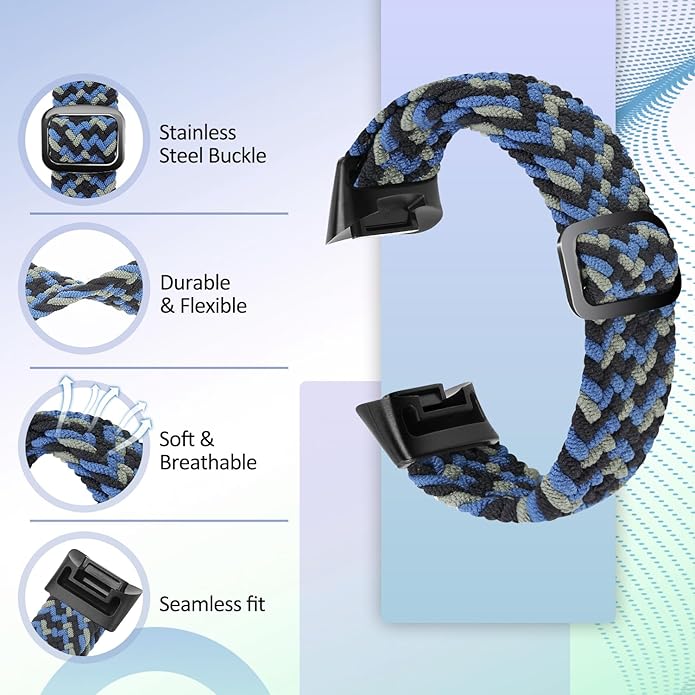 Elastic Braided Bands Compatible with Fitbit Charge 5/Fitbit Charge 6 for Women Men, Breathable Adjustable Stretchy Nylon Loop Sport Replacement Wristbands for Fitbit Charge 6 Charge 5 Straps