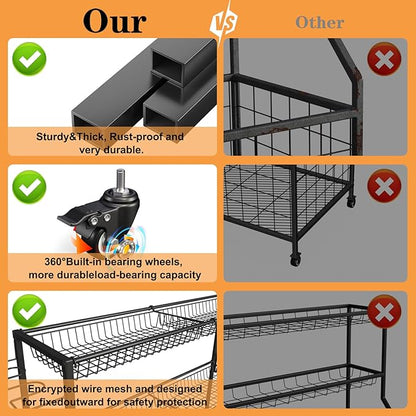 Sports Equipment Organizer, Garage Ball Storage Racks - Outdoor Toy Storage with 2 Side Racks & Removable Baskets, Heavy-Duty Garage Rolling Ball Cart with Wheels, Hooks for Sports Gear, Toys