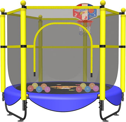 60" Trampoline for Kids, 5 FT Indoor & Outdoor Toddler Baby Trampoline with Basketball Hoop, Safety Enclosure, Birthday Gifts for Kids, Gifts for Boy and Girl, Age 3-8