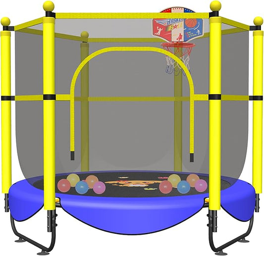 60" Trampoline for Kids, 5 FT Indoor & Outdoor Toddler Baby Trampoline with Basketball Hoop, Safety Enclosure, Birthday Gifts for Kids, Gifts for Boy and Girl, Age 3-8