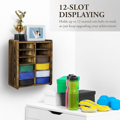 MyGift 12 Compartment Rustic Burnt Solid Wood Wall Mounted Dual Display Martial Arts Belt Holder with Top Trophy Storage Shelf in Horizontal or Vertical Mount