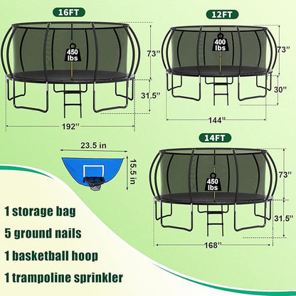 Trampoline 12FT 14FT 15FT 16FT for Kids/Adults - Outdoor Recreational with Enclosure Net Curved Poles and Ladder, Heavy Duty Anti-Rust Coating, ASTM Approval