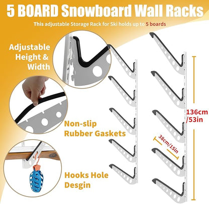 5 Board Snowboard Wall Racks, Adjustable Storage Rack for Ski, Surfboard, Wakeboard, Snowboard Wall Mount Display, White