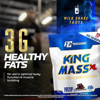 Ronnie Coleman Signature Series King Mass XL Mass Gainer Protein Powder, Muscle Gainer, 60g Protein, 180g Carbohydrates, 1,000+ Calories, Creatine and Glutamine, Dark Chocolate, 15 Pound