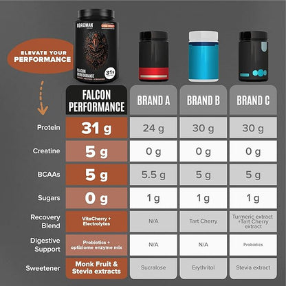 Falcon Performance Vegan Protein Powder, 31g Protein, 5g Creatine, 5g BCAA, Probiotics, Electrolytes, Pre Workout, Low Carb, Sugar Free & Dairy Free, Plant Based Chocolate Protein -47 servings