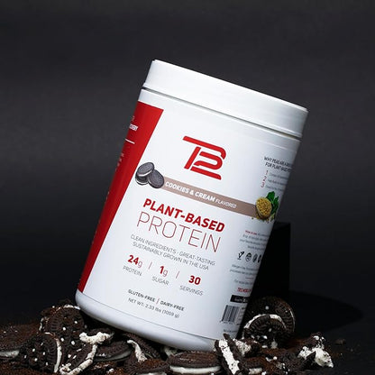 TB12 Plant Based Protein Powder by Tom Brady, 24g of Vegan Pea Protein, Low Sugar, Low Carb, Non-GMO, Meal Replacement, Keto Friendly, Paleo, Sugar Free, Cookies and Cream Flavor (30 Servings)