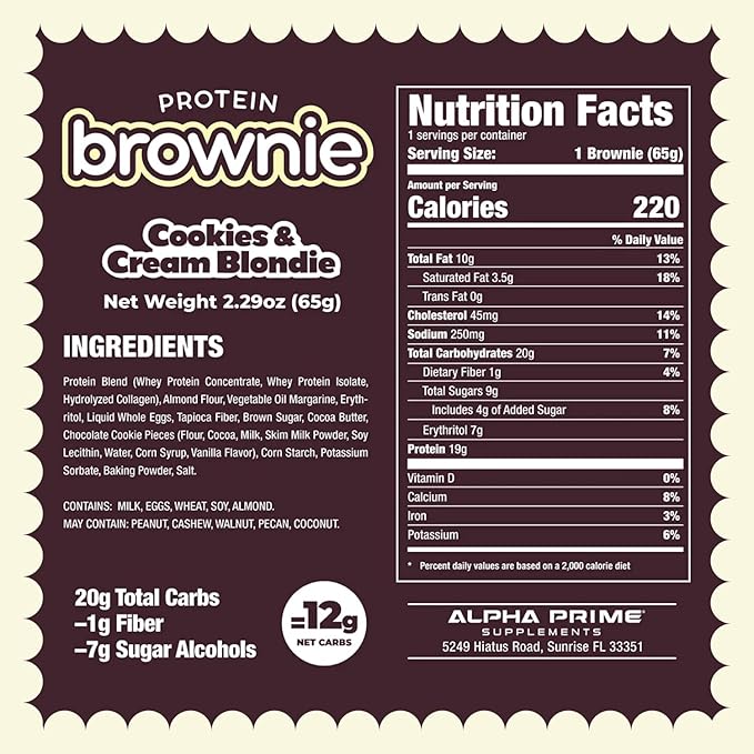 Prime Bites Protein Brownie from Alpha Prime Supplements | High Protein, Collagen Fortified Low Sugar Treat | Delicious Snack | 12 Bars per Box (Birthday Cake Blondie)