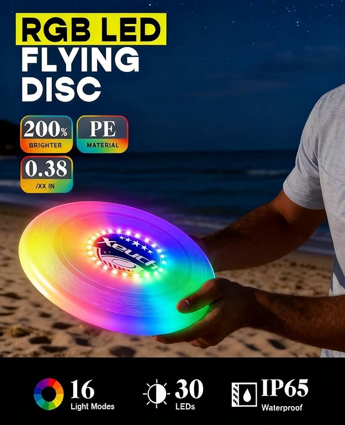 2 Pack Flying Disc, Glow Frisbee with 30 RGB LEDs, 16 Light Modes and 4 Brightness, 6-Hour Playtime, Built-in Timer & Sensor, 175g - Christmas, Birthdays Gifts for Men/Boys/Teens/Kids