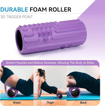 5 in 1 Foam Roller Set, High Density Fitness Exercise Foam Roller for Deep Tissue Muscle Massage, Massage Roller, Massage Ball, Resistance Band, for Whole Body(Purple)