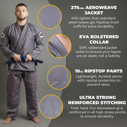 Gold BJJ Aeroweave Jiu Jitsu Gi - Ultra Lightweight BJJ Gi - Preshrunk Brazilian Jiu Jitsu Uniform for Men