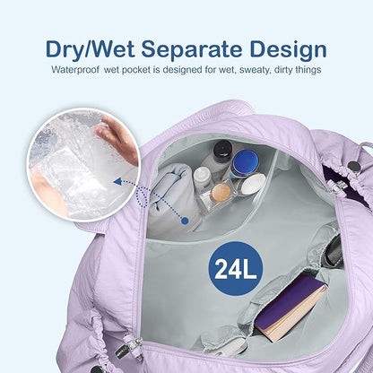 TOPDesign Travel Duffel Bag for Women, Puffer Gym Bag Sports Tote with Wet Pocket, Carry On Weekender with Luggage Sleeve (Light Purple)