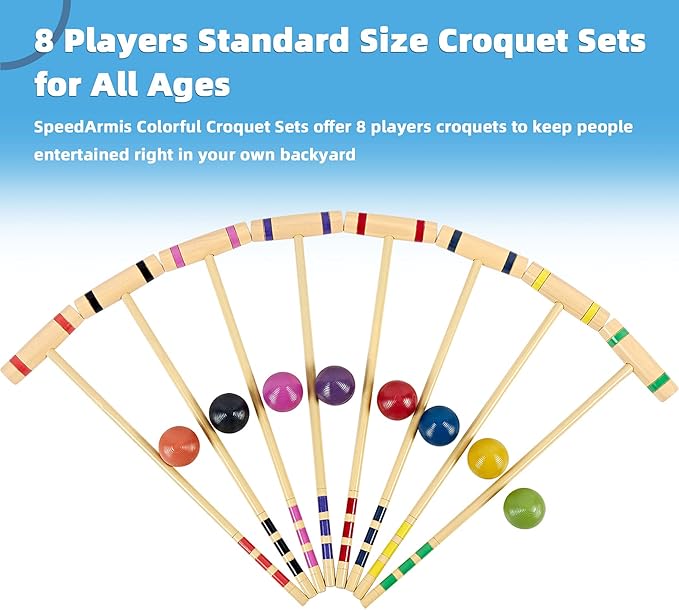 28In Croquet Party Set for 8 Players - Made of Long-Lasting Pine Wood, Family Fun for Backyards, Camping and More, Comes with Colorful Mallets, PE Balls, Wickets, Stakes, and Carrying Bag