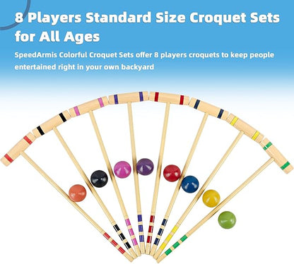 28In Croquet Party Set for 8 Players - Made of Long-Lasting Pine Wood, Family Fun for Backyards, Camping and More, Comes with Colorful Mallets, PE Balls, Wickets, Stakes, and Carrying Bag