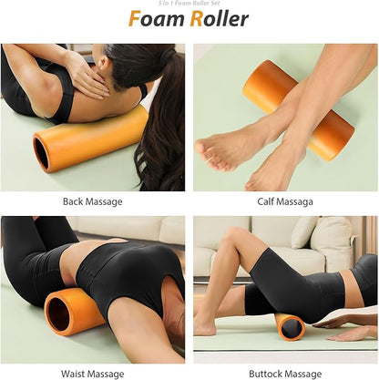 5 in 1 Foam Roller Set - Trigger Point Foam Back Roller, Muscle Roller Stick, Massage Ball, Stretching Band for Deep Muscle Massage Pilates Yoga,Fitness Exercise for Whole Body Release (Pure Orange)